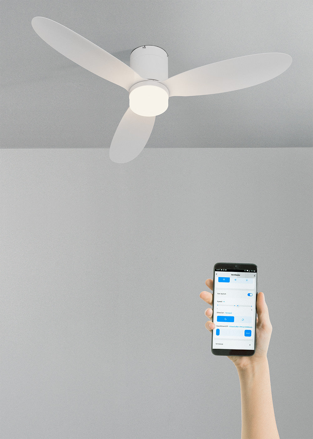 Wind Lite M - Ventilatore da soffitto silenzioso per interni ed esterni - Con luce e WIFI + telecomando - Bianco