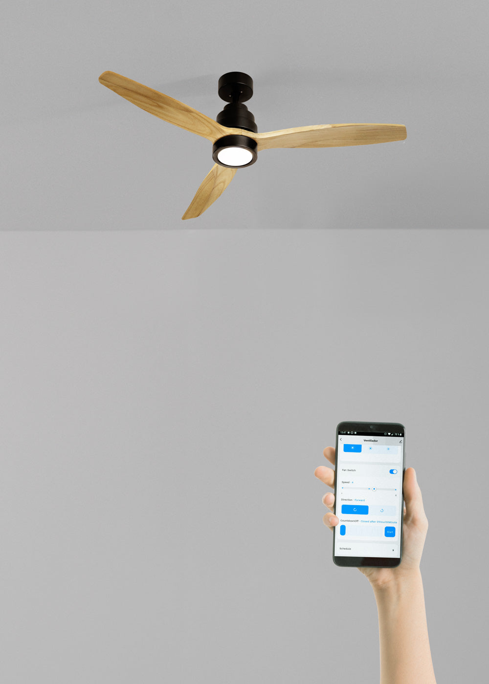 Wind Stylance M - Ventilatore da soffitto silenzioso 100% legno - Con luce e WIFI + telecomando - Nero e legno chiaro