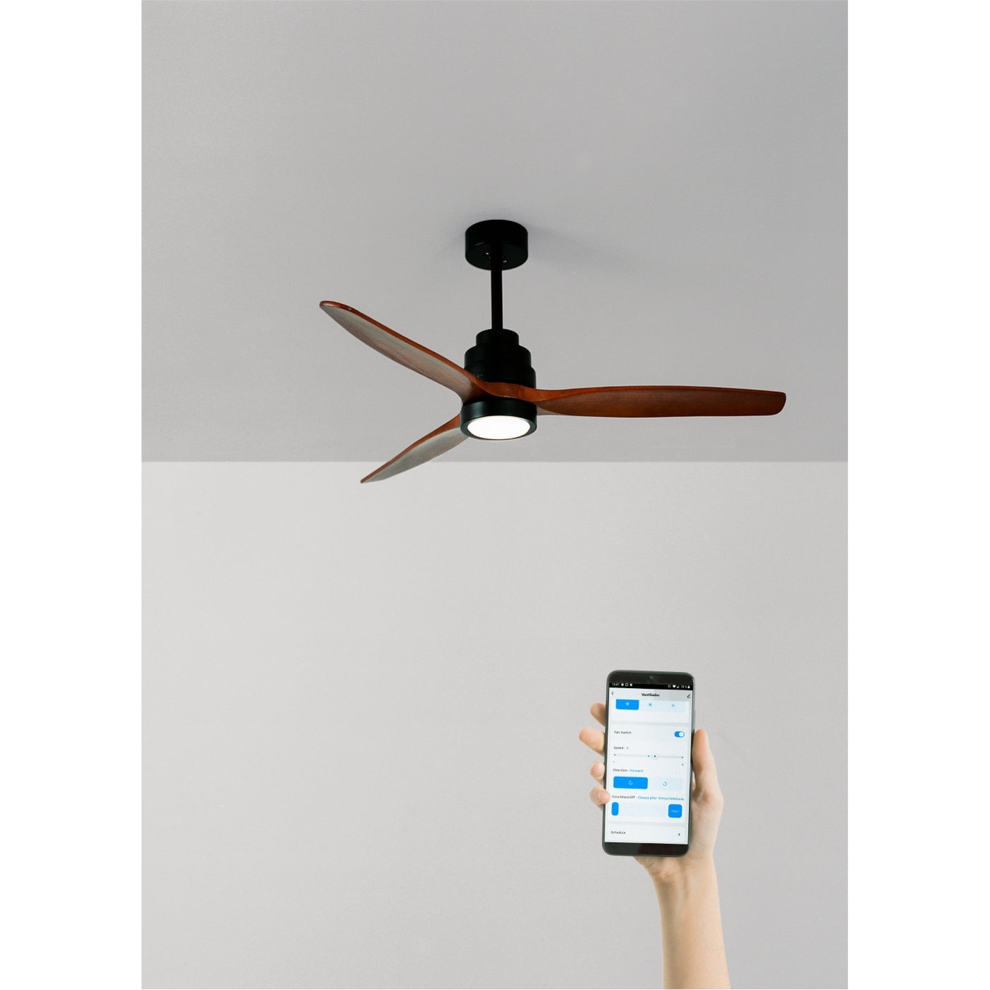 Wind Stylance M - Ventilatore da soffitto silenzioso 100% legno - Con luce e WIFI + Telecomando - Nero e legno scuro