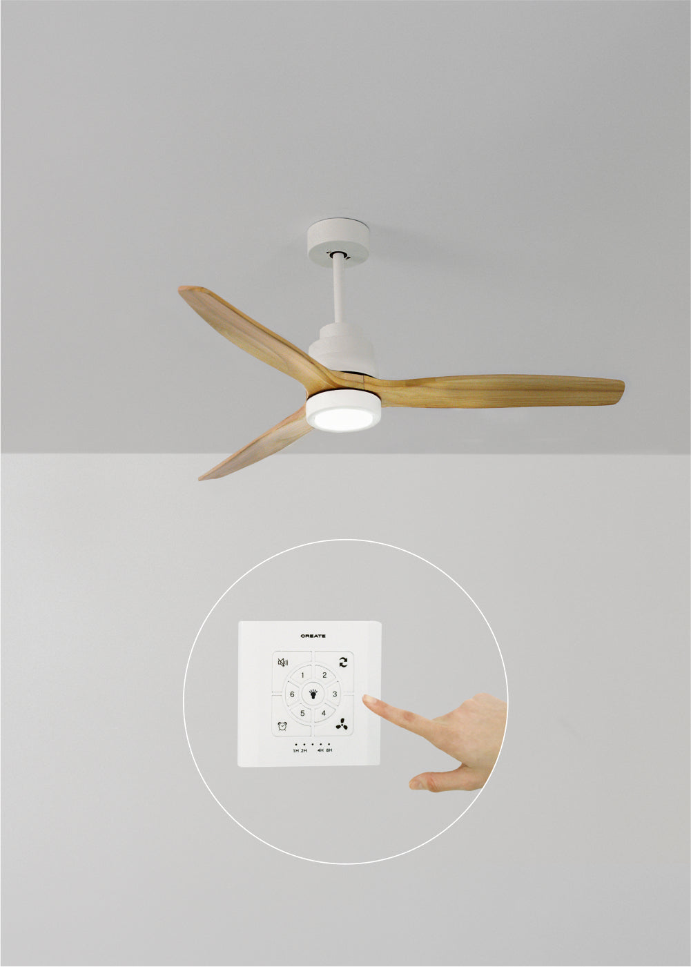 Wind Stylance M - Ventilatore da soffitto silenzioso in legno al 100% - Con luce e comando a parete - Bianco e legno chiaro