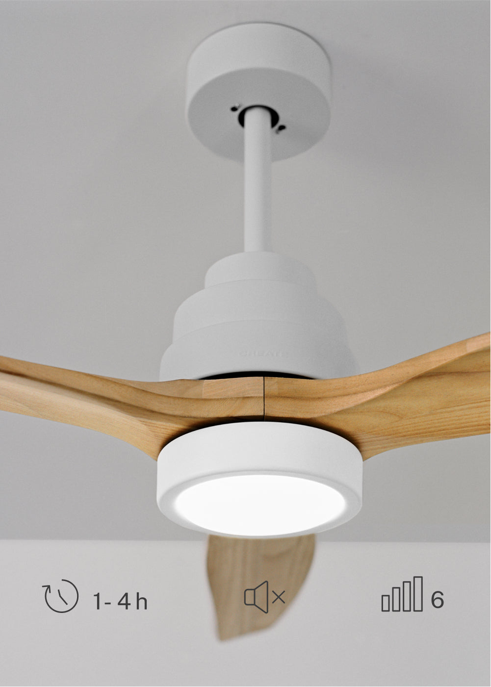 Wind Stylance M - Ventilatore da soffitto silenzioso in legno al 100% - Con luce e comando a parete - Bianco e legno chiaro