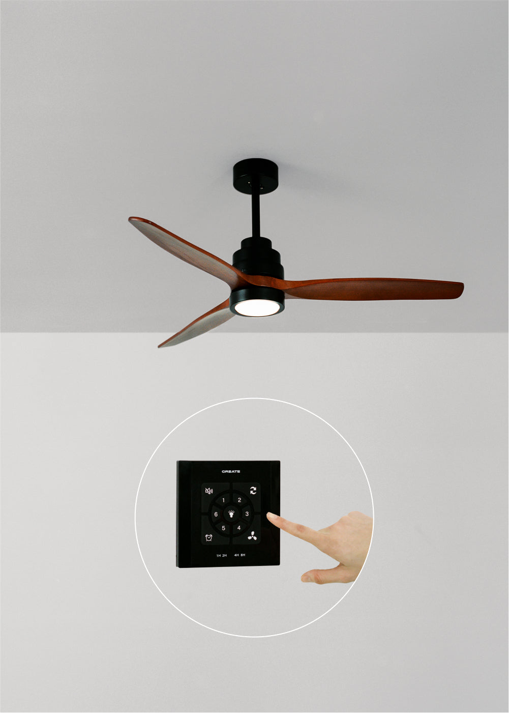 Wind Stylance M - Ventilatore da soffitto silenzioso in legno al 100% - Con luce e comando a parete - Nero e legno scuro