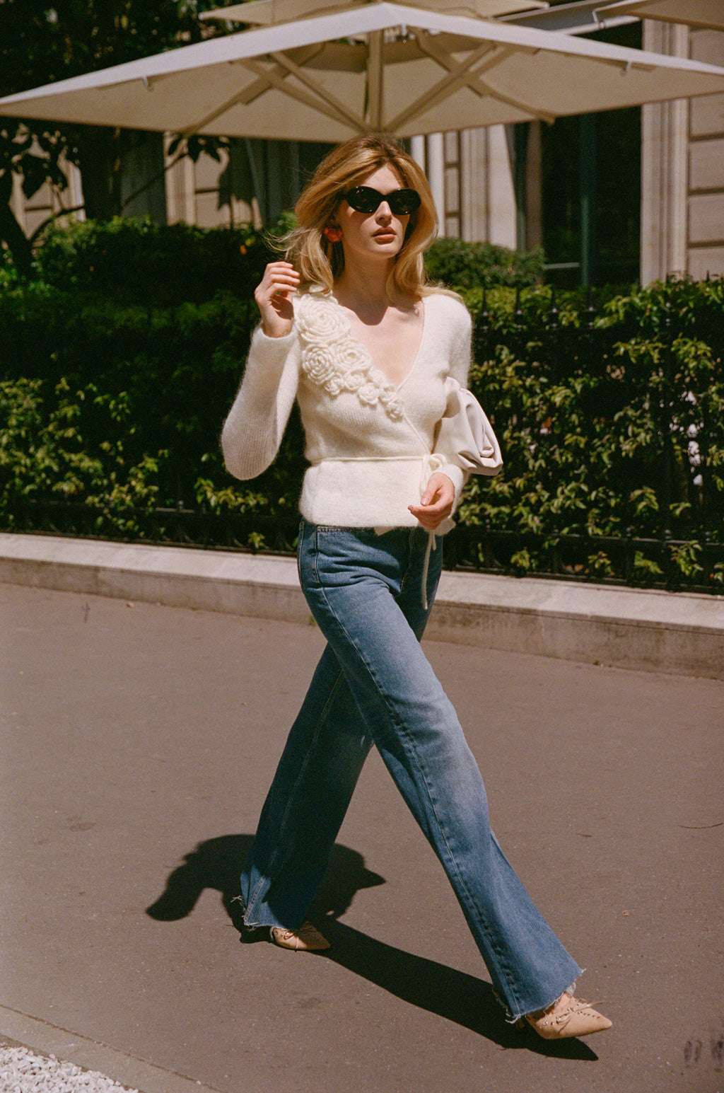 Top a fiori in lana e mohair - Bianco