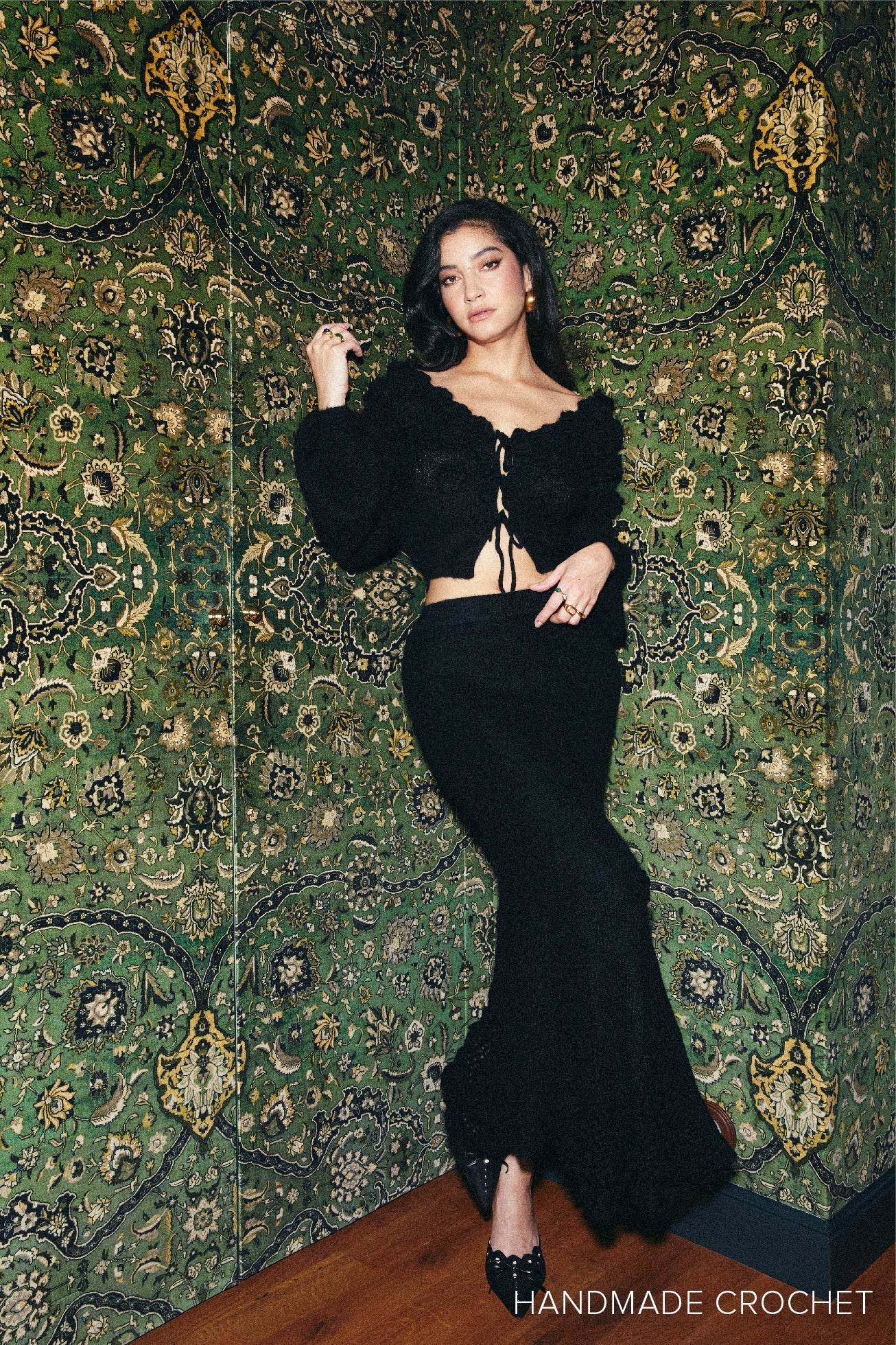 Maxifalda de flores de ganchillo en mezcla de mohair - Negra