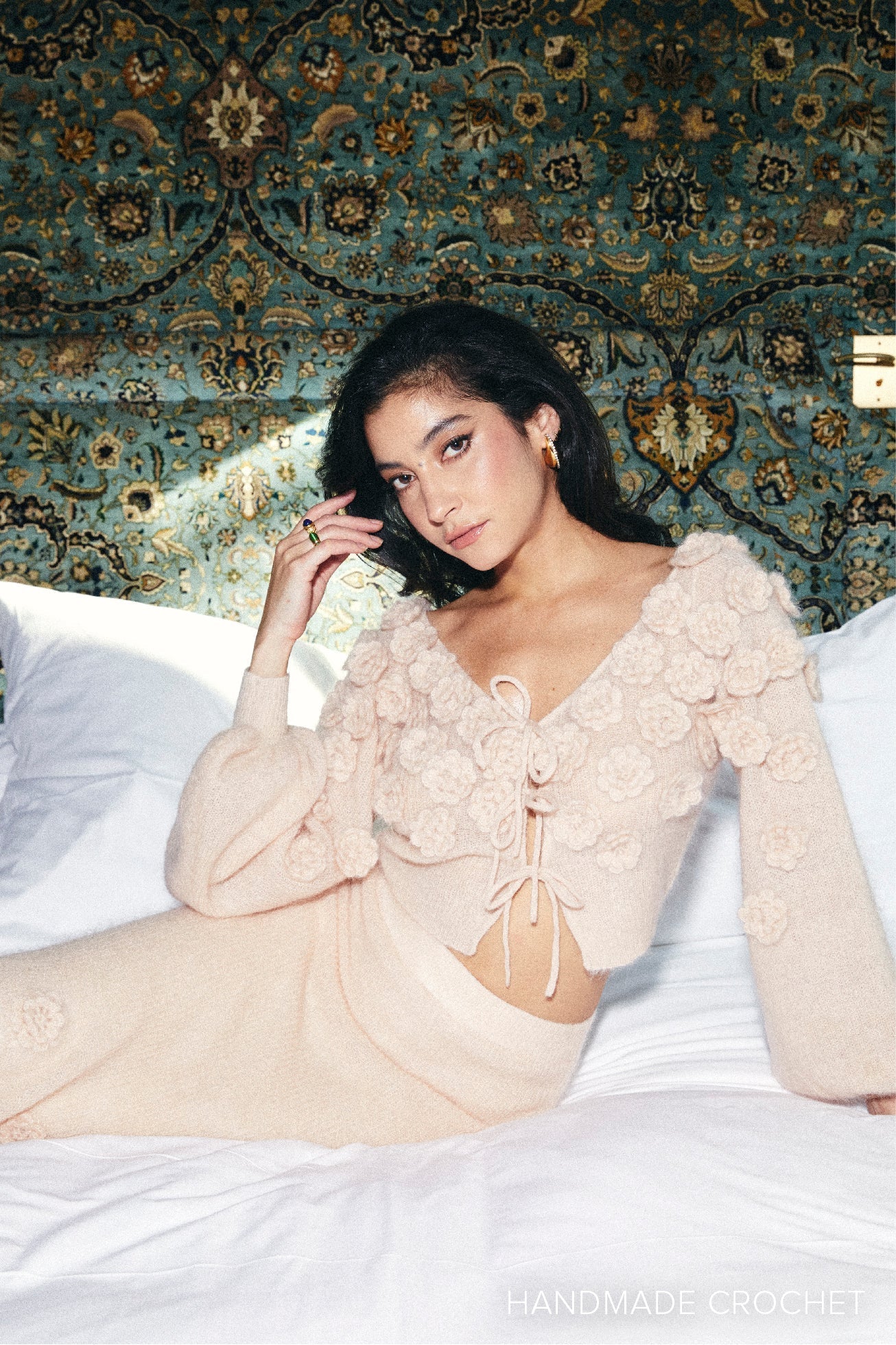 Melange Mohair Crochet Flower Lace Top - Beige Rose