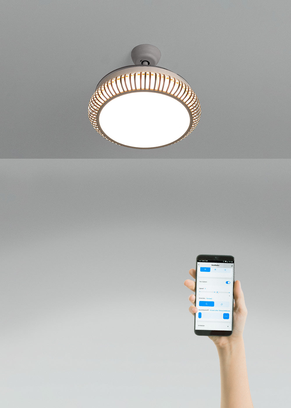 Wind Clear Rattan M - Deckenventilator Leise Einziehbare Lamellen Mit LED-Beleuchtung - Mit Wifi - Oval