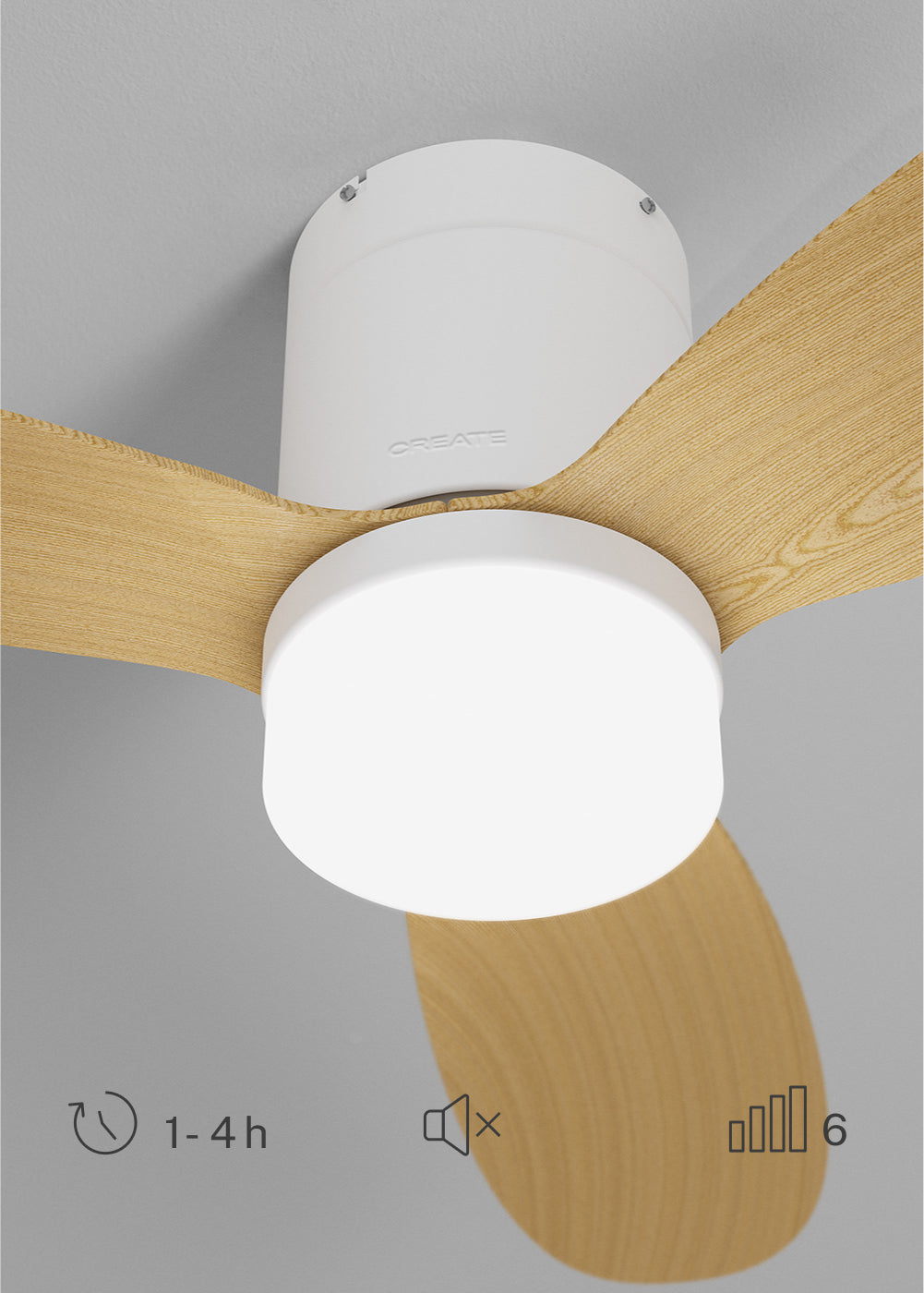 Wind Lite M - Ventilatore da soffitto silenzioso per interni ed esterni - Con luce e telecomando - Bianco e legno chiaro