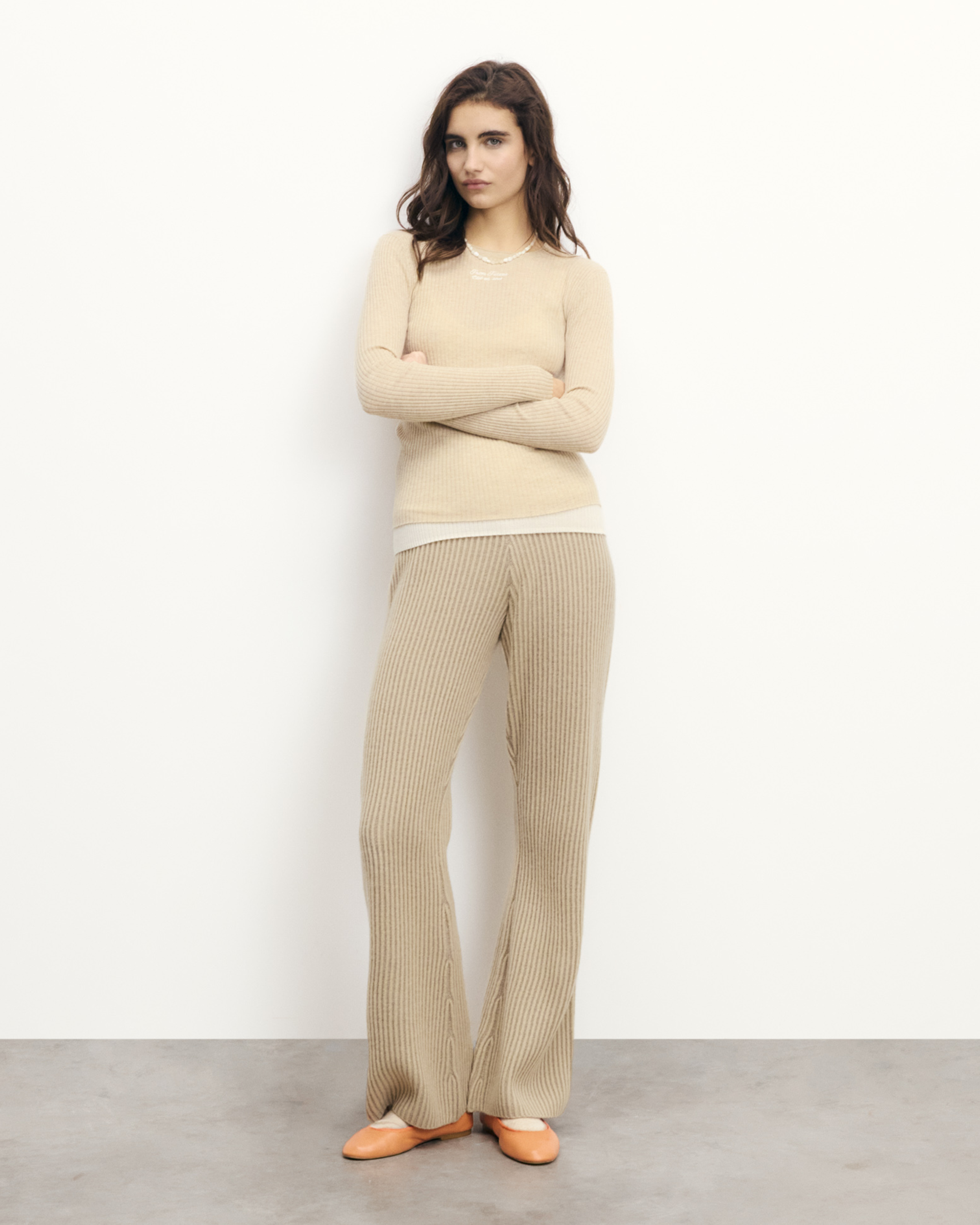 Pantalón de chándal bicolor de hilo ancho - Beige