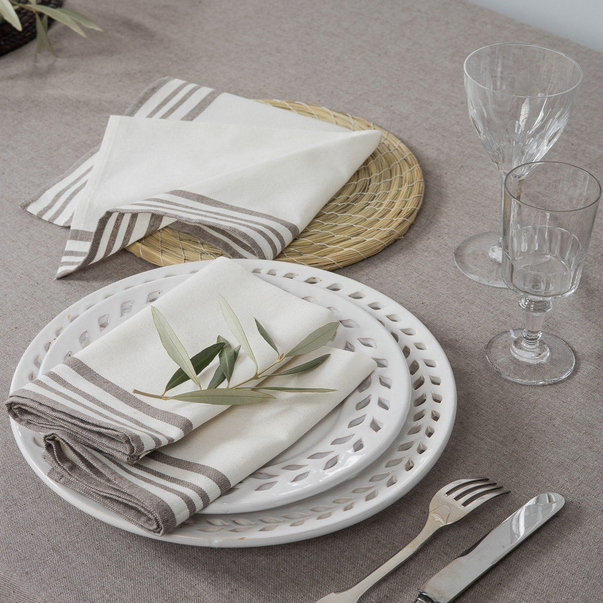 Set Of 4 Cotton Napkins 45X45 - Mahdia - White / Taupe