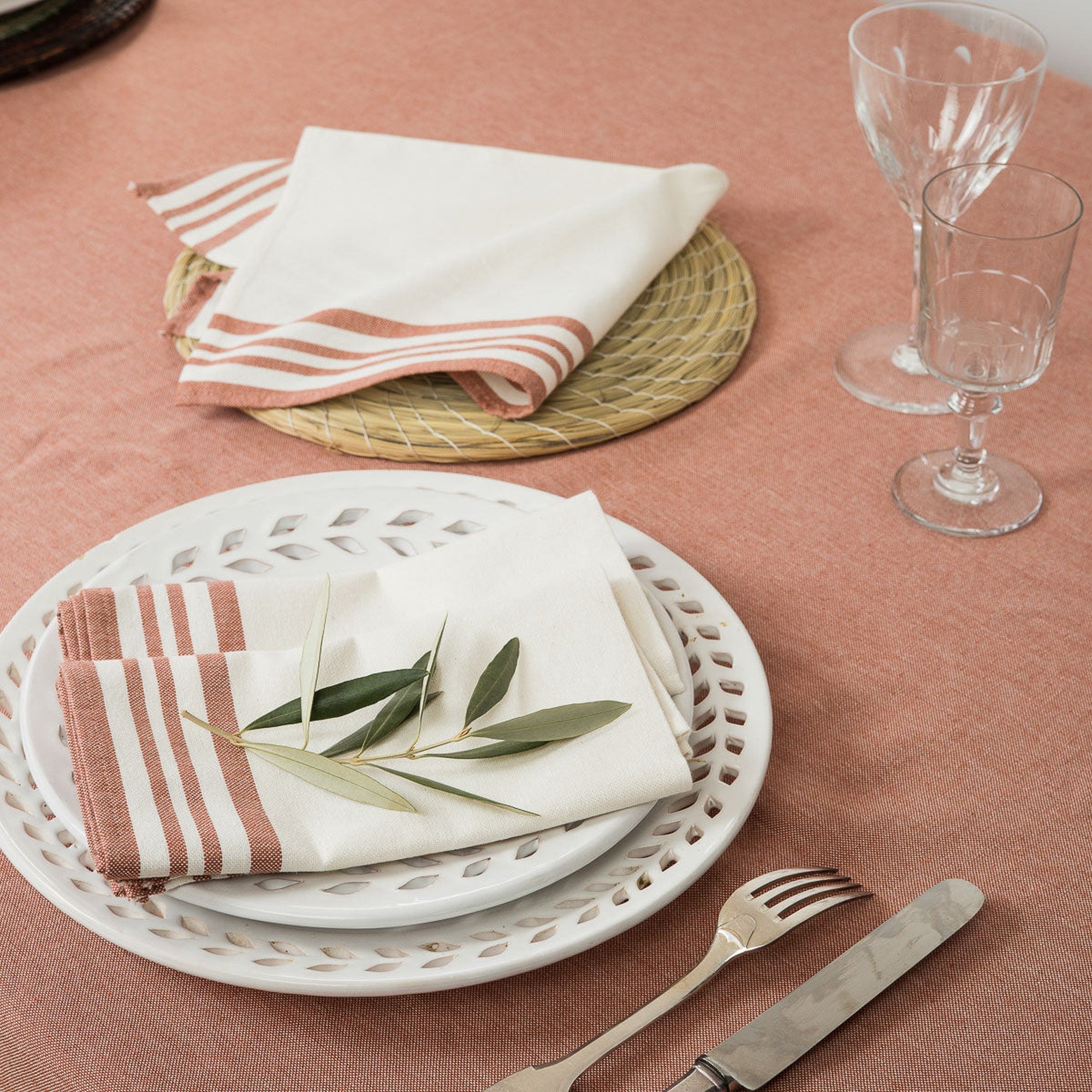 Set Of 4 Cotton Napkins 45X45 - Mahdia - White / Red