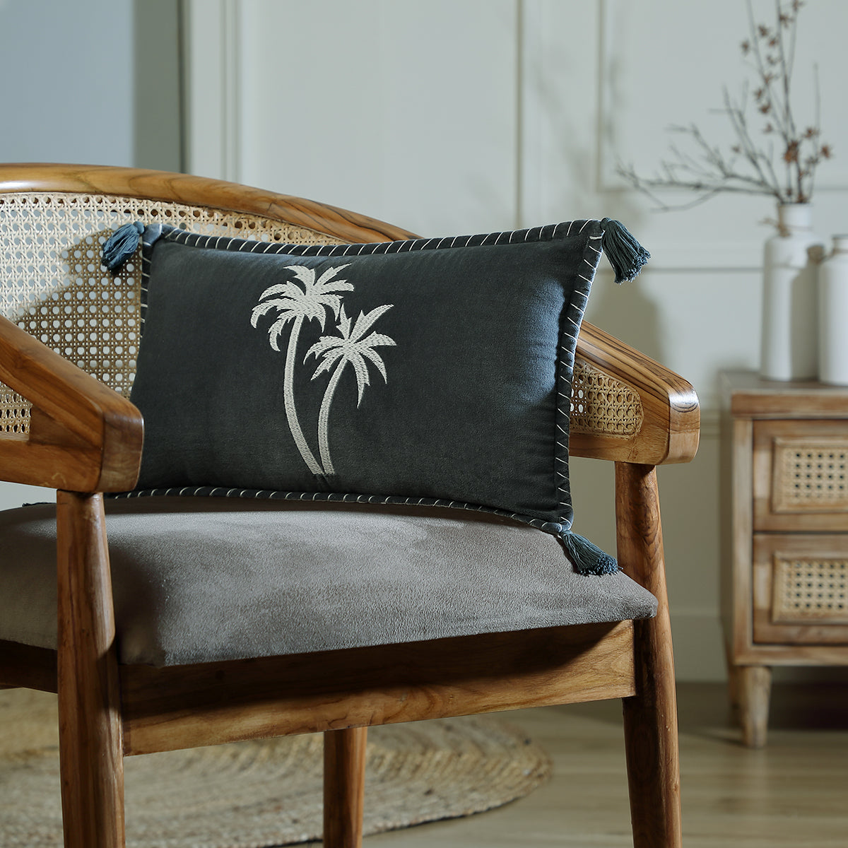 Funda de cojín de terciopelo de algodón 50X30 - Oasis Velours - Bleu Orage