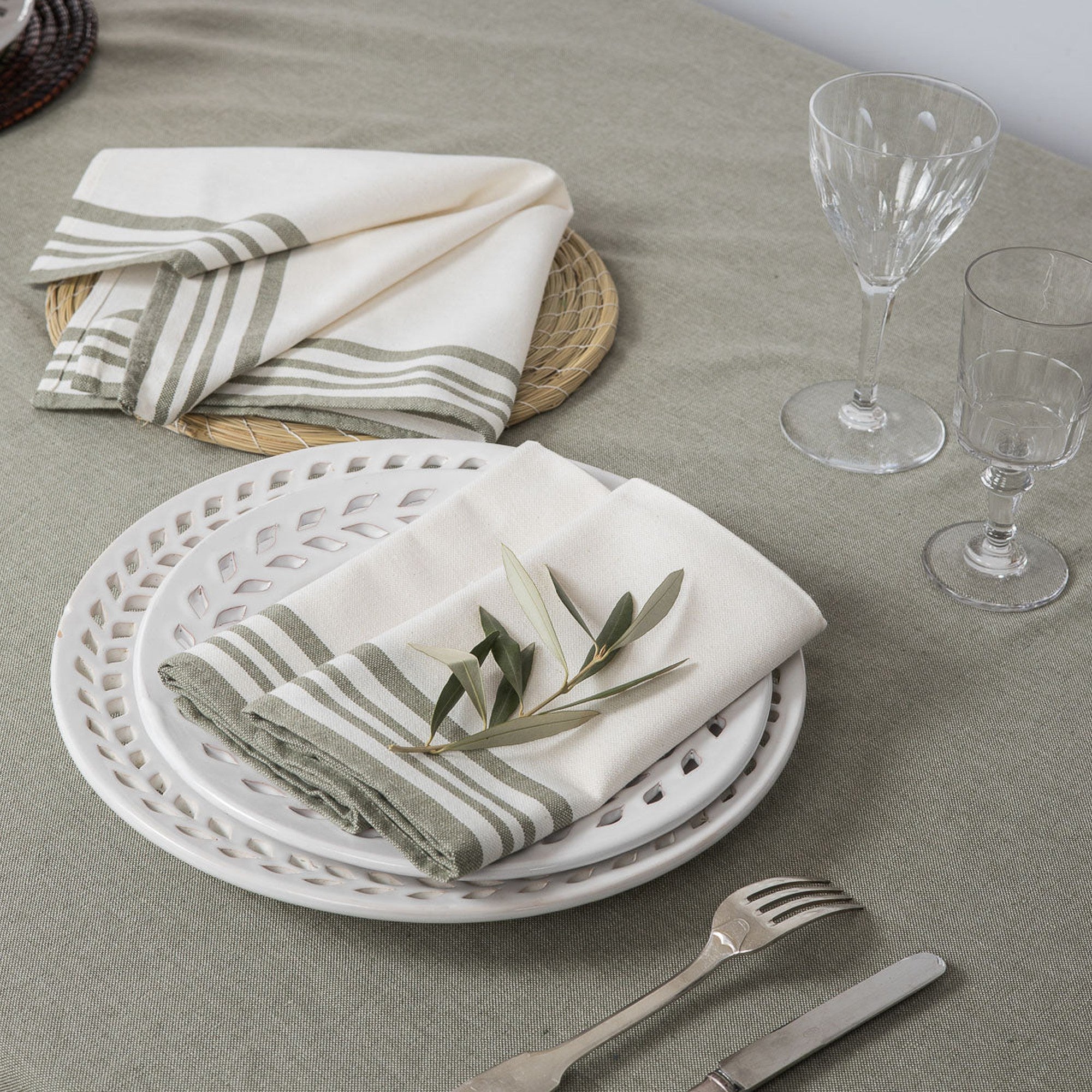 Set Of 4 Cotton Napkins 45X45 - Mahdia - White / Olive Green
