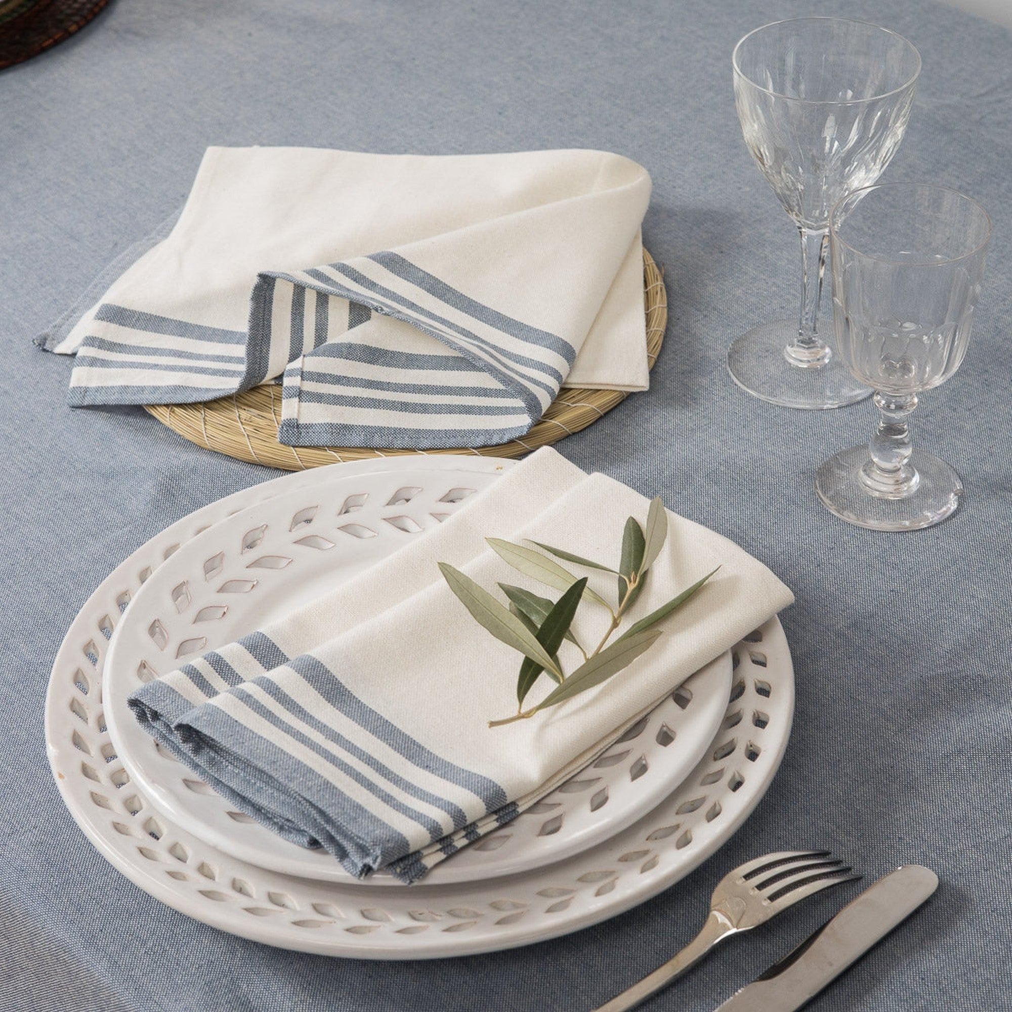 Lot De 4 Napiettes De Table Coton 45X45 - Mahdia - Blanc / Bleu Jean