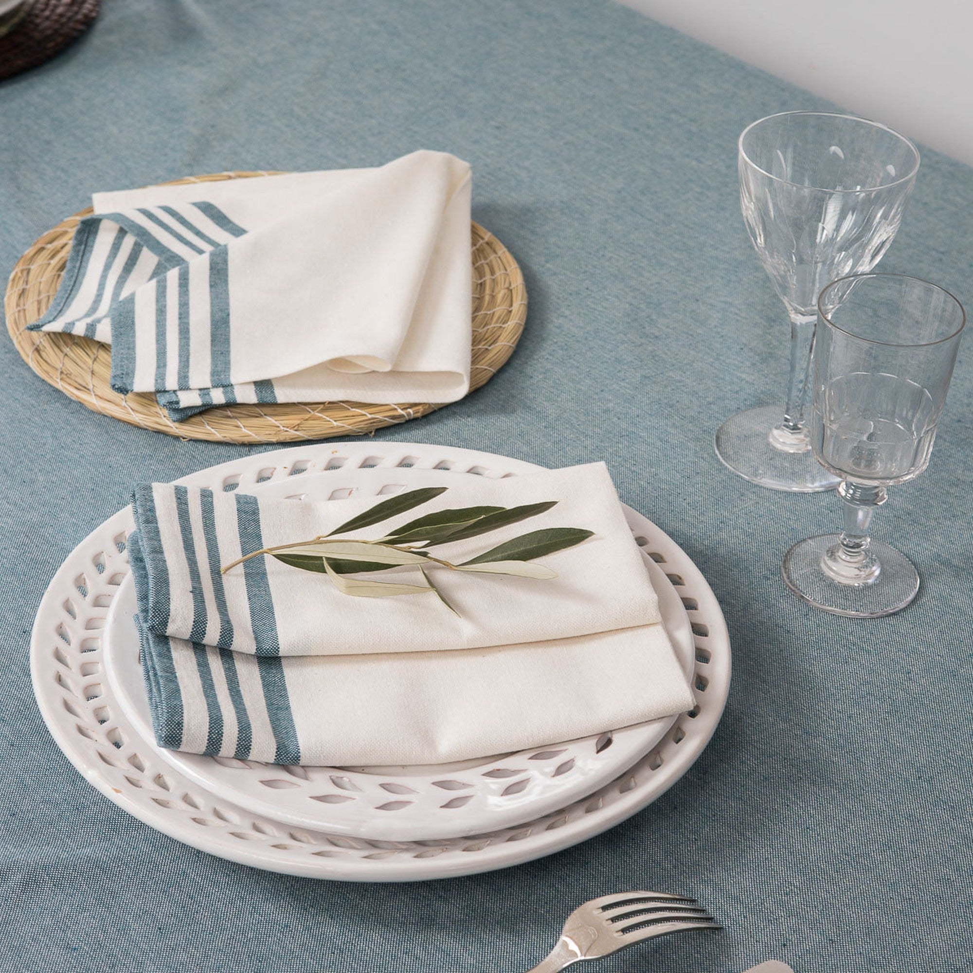 Lot De 4 Napiettes De Table Coton 45X45 - Mahdia - Blanc / Bleu Pétrole