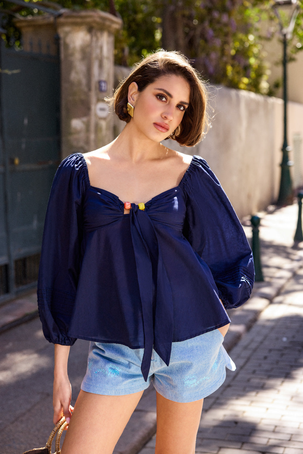 Top con cravatta e maniche a sbuffo - Blu navy