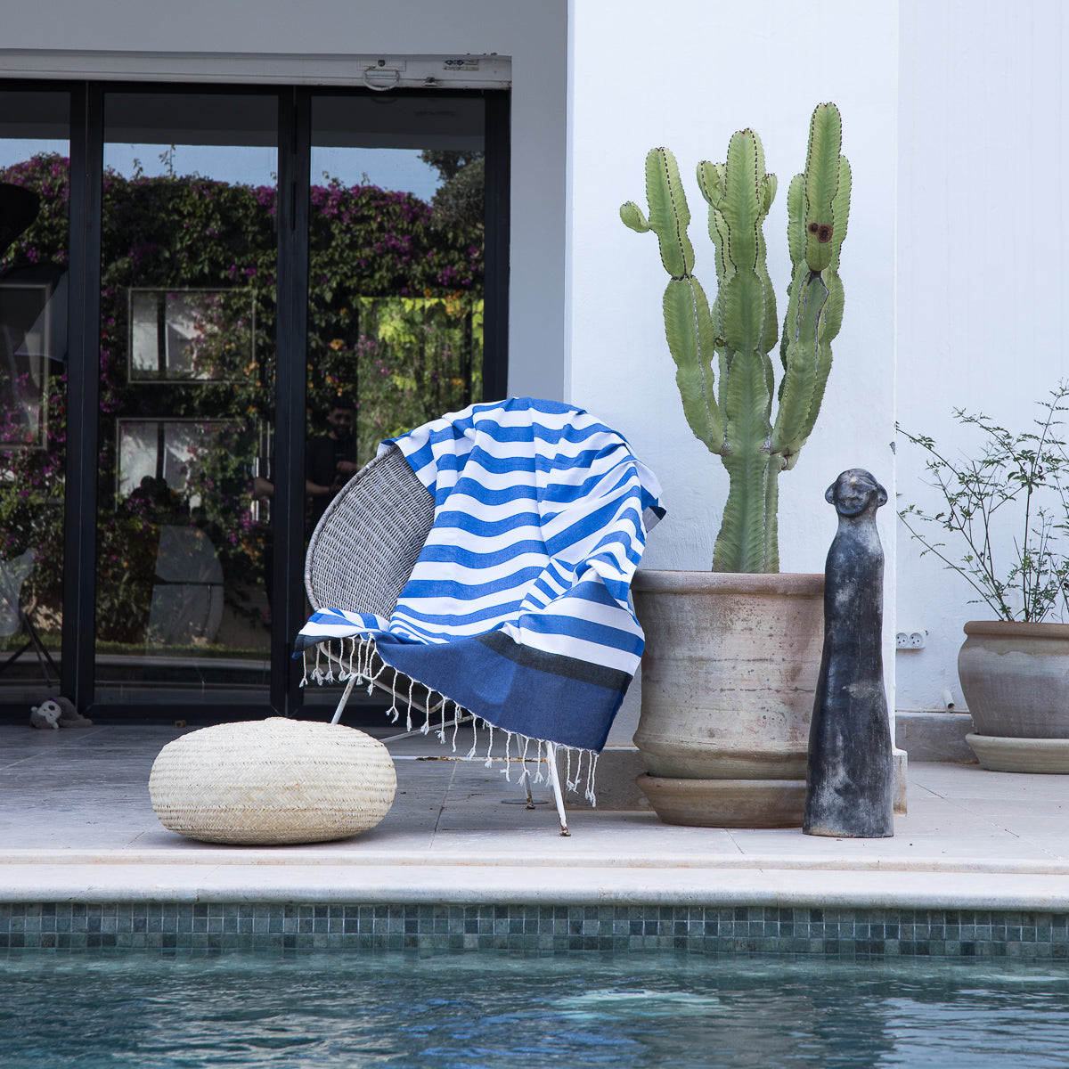 Fouta de algodón tricolor 100X200 - Arcachon - Azul griego / Azul / Negro