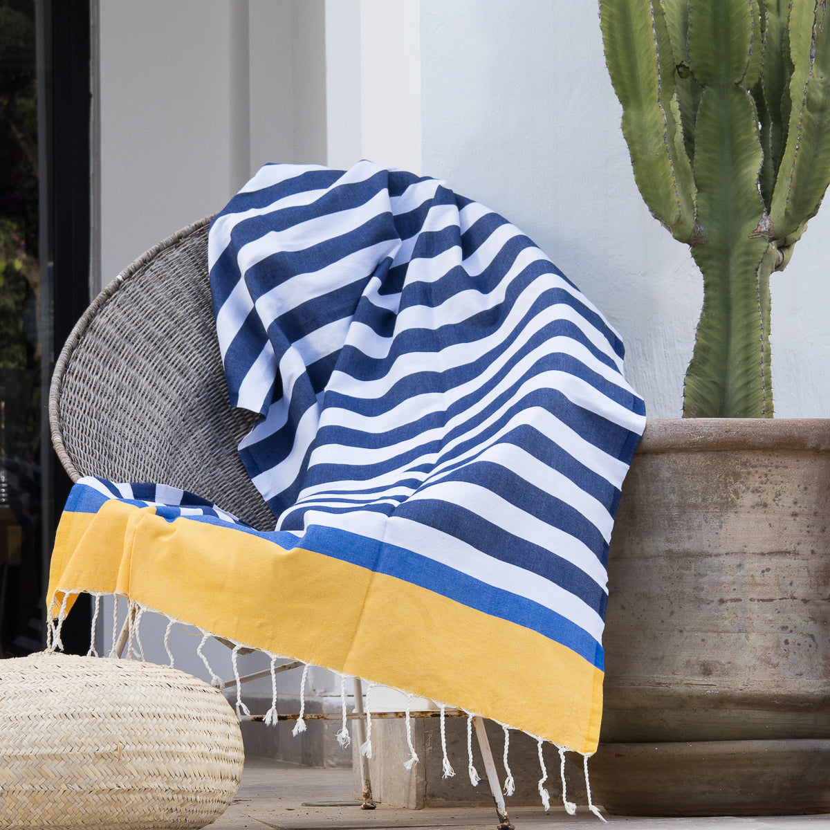 Fouta de algodón tricolor 100X200 - Arcachon - Jean Azul / Amarillo / Azul