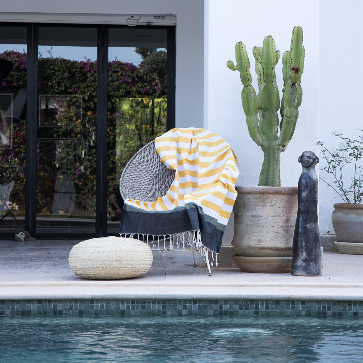 Fouta de algodón tricolor 100X200 - Arcachon - Amarillo / Negro / Caqui