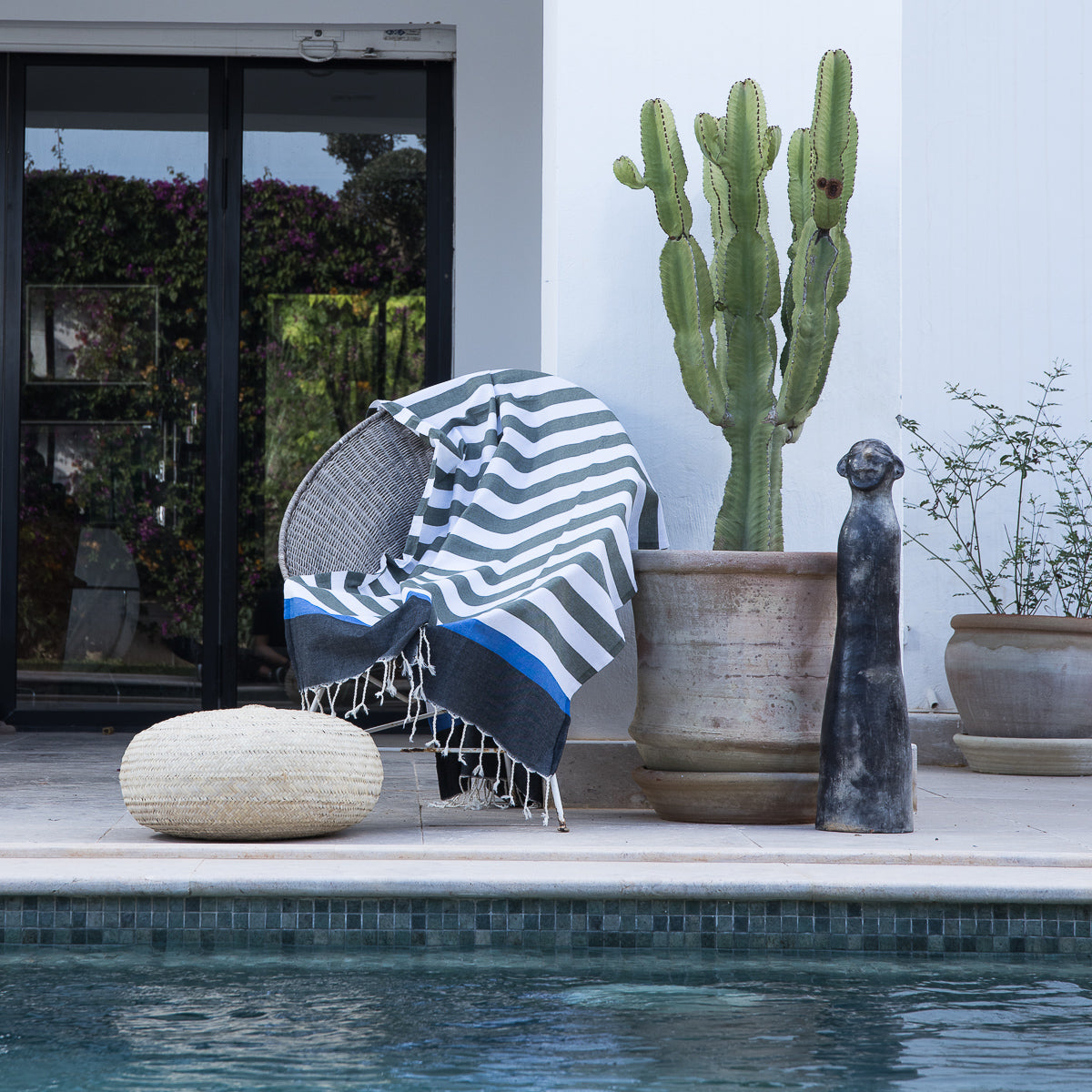 Fouta de algodón tricolor 100X200 - Arcachon - Verde caqui / Negro / Azul