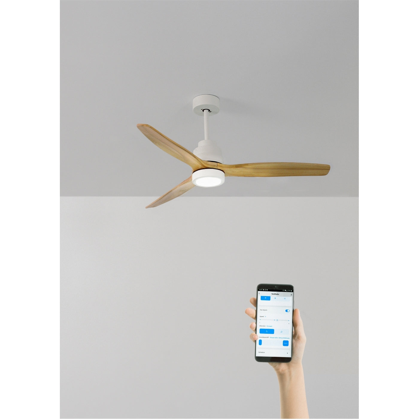 Wind Stylance M - Leiser Deckenventilator aus 100% Holz - Mit Licht & WIFI + Fernbedienung - Weiß Und Naturholz