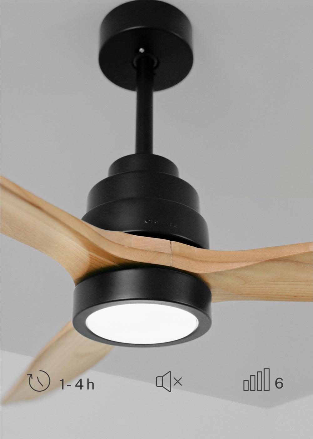 Wind Stylance M - Ventilatore da soffitto silenzioso in legno al 100% - Con luce e comando a parete - Nero e legno chiaro