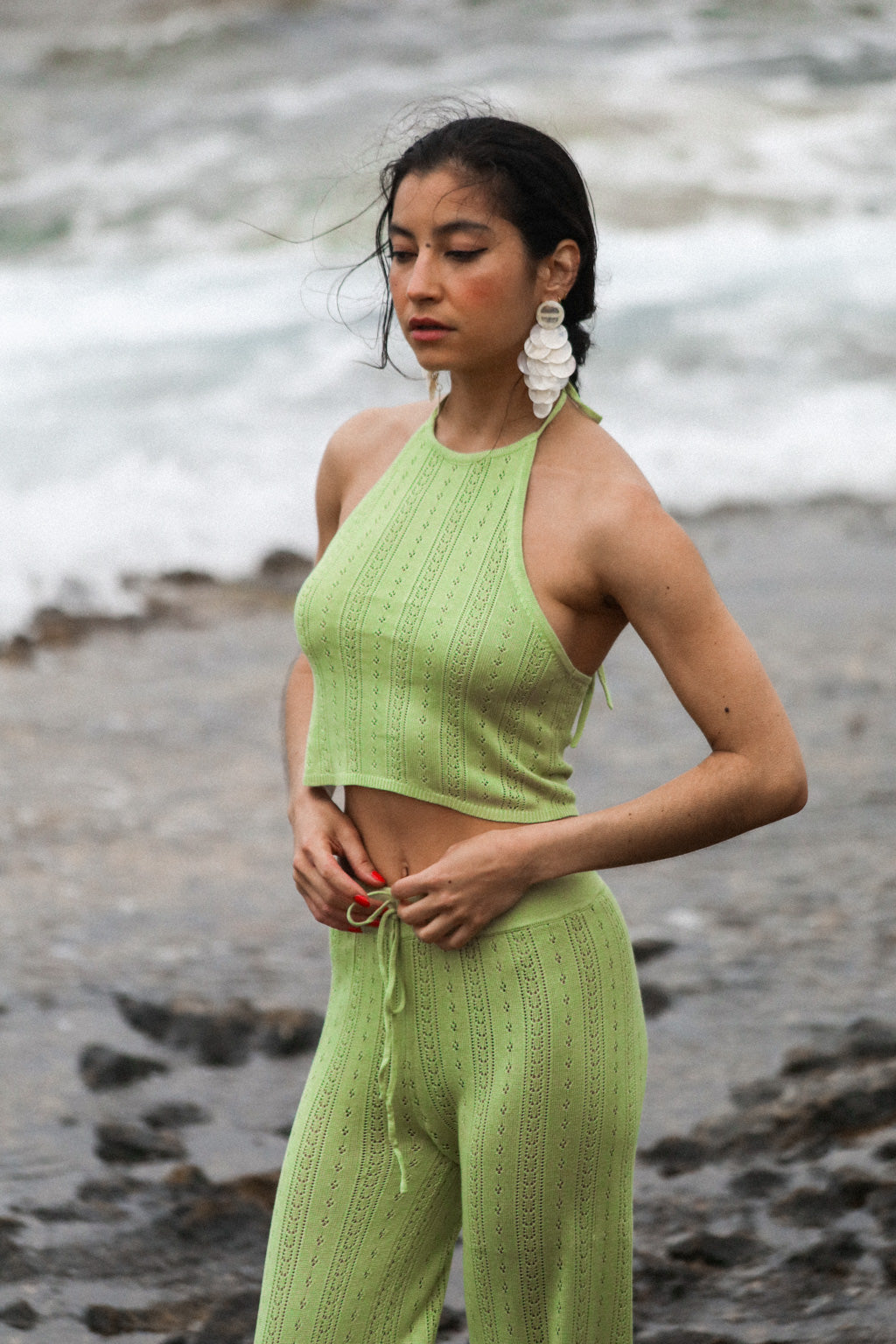 Top in maglia traforata con pantaloni alla caviglia Uniforme - Verde mela