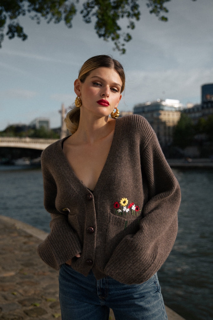 Cárdigan de cachemira pura con bordado - Gris oscuro