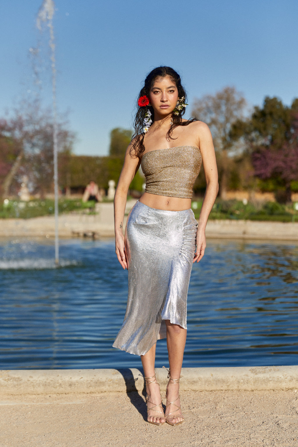 Asymmetrical Mesh Draped Midi Skirt - Silver