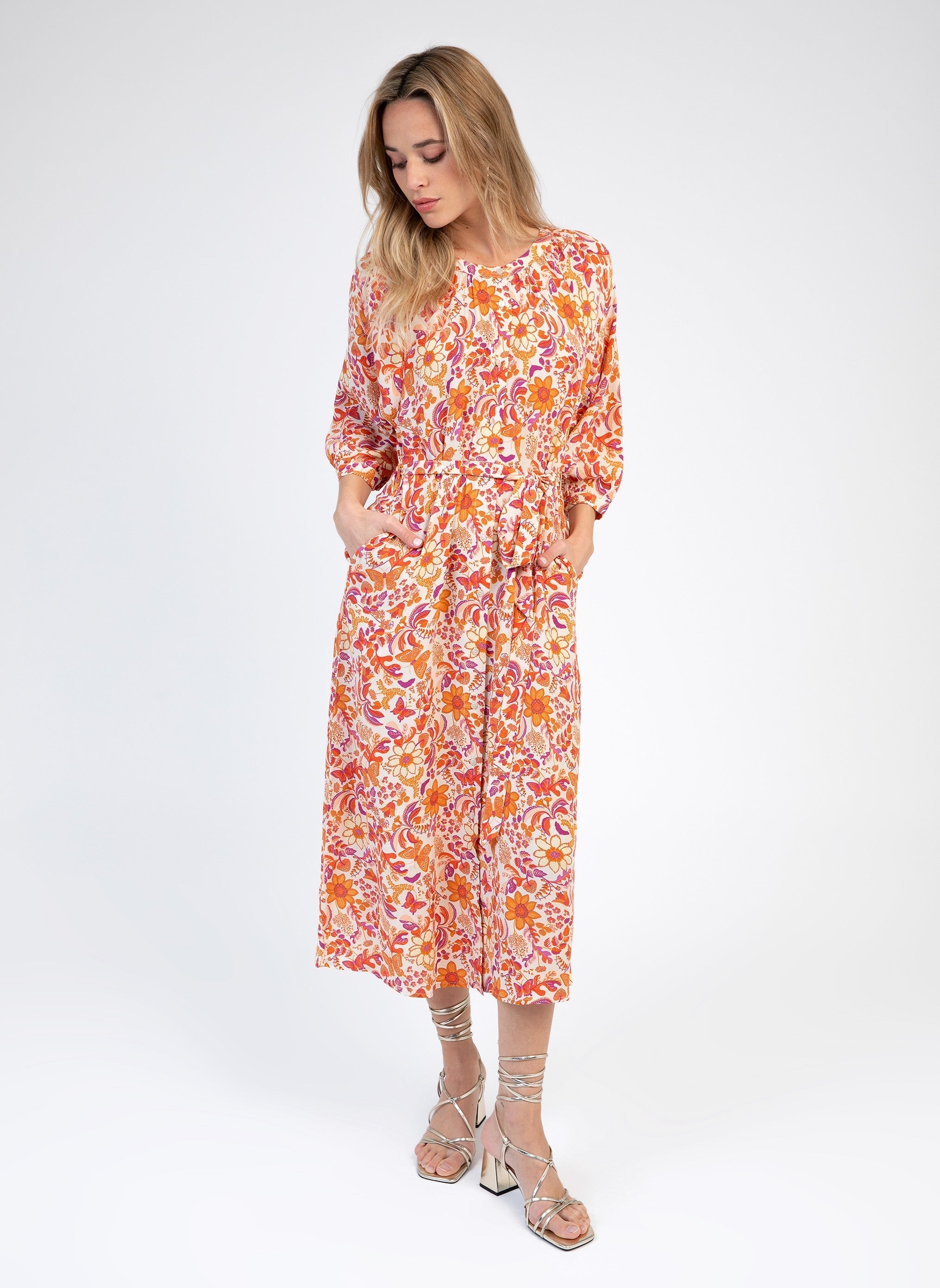 Marcelio Butterfly Ecru Midi Dress