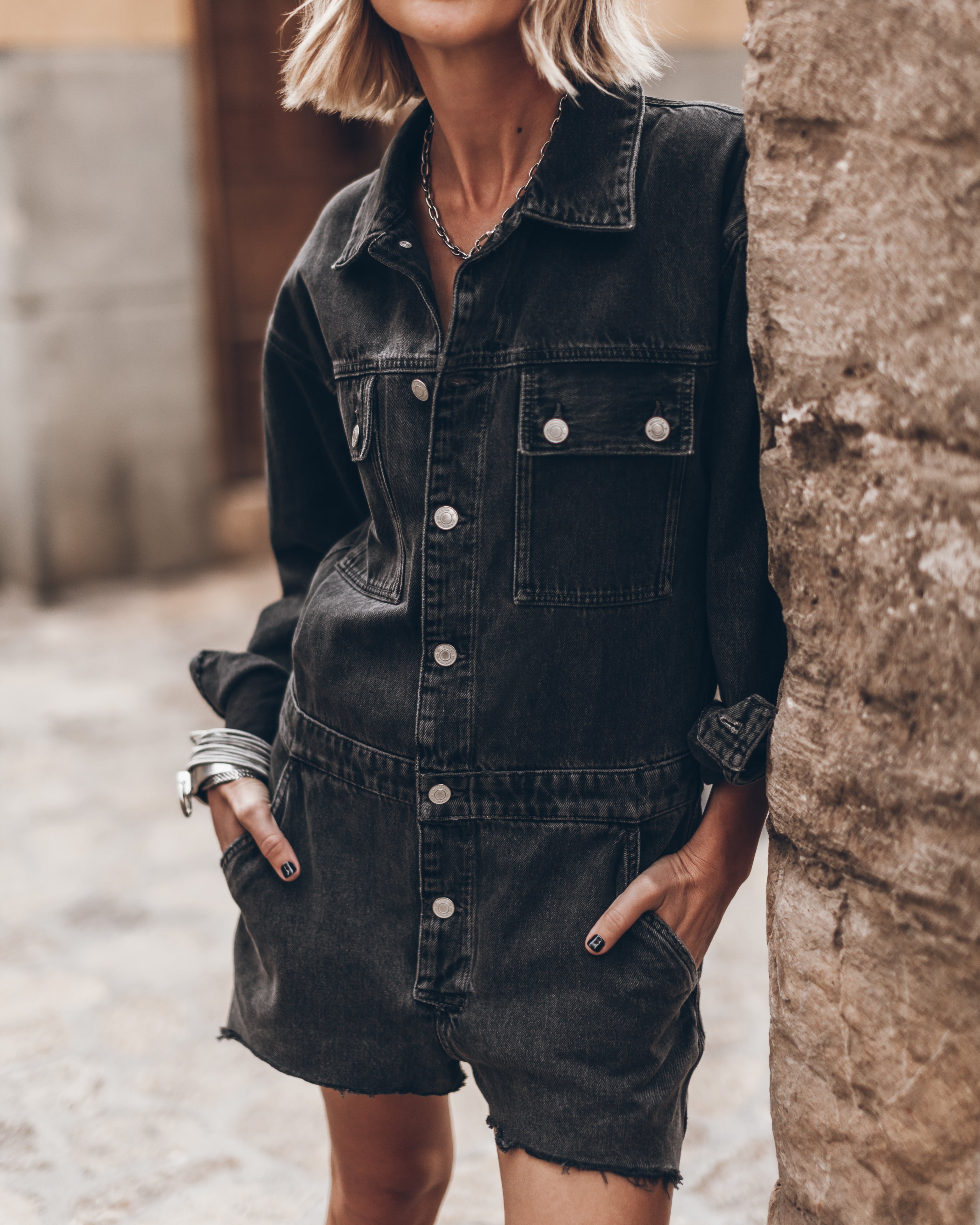 La tuta corta in denim Charcoal