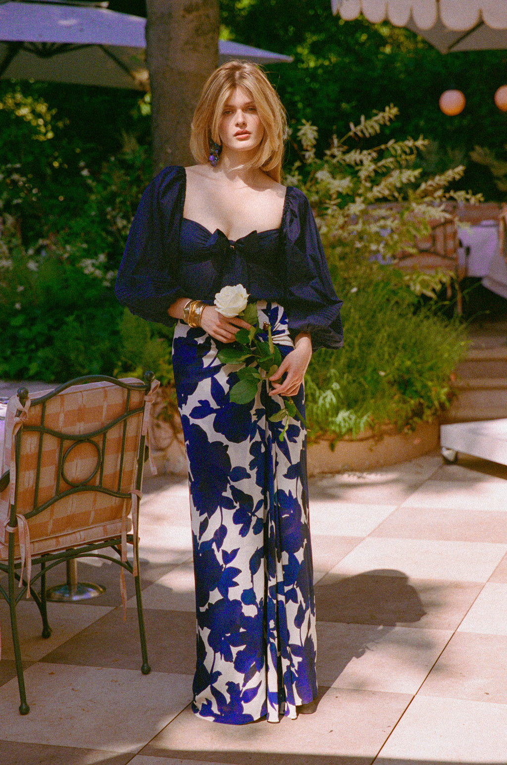 Long Printed Crepe Skirt - Blue